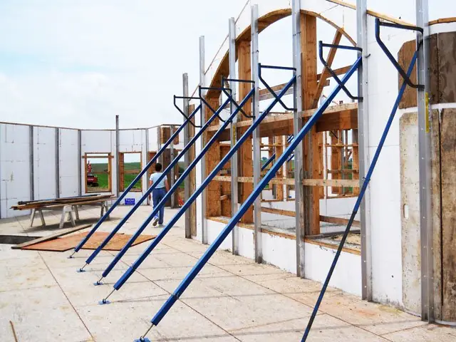 ICF wall braced with steel panel jack bracing before the pour